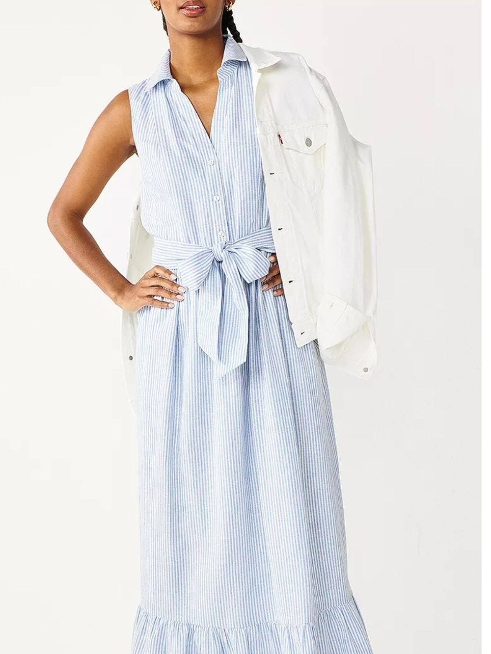 Light Blue Striped Tie-Waist Sleeveless Maxi Dress